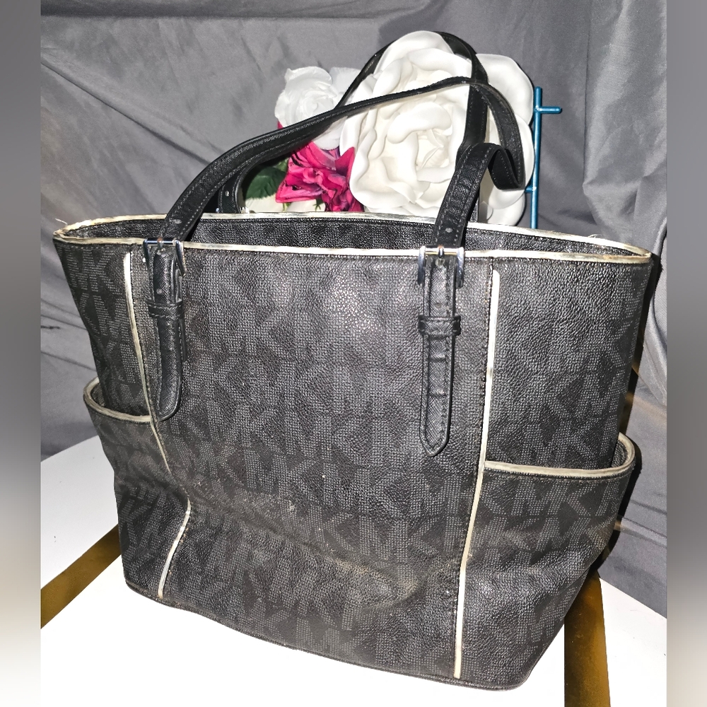 Michael Kors MK Logo Black + Silver Tote Shoulder Bag Purse